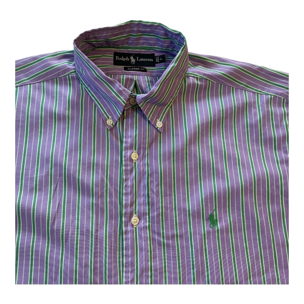 Ralph Lauren Classic Fit Purple‎ Green Striped Short Sleeve Shirt Large